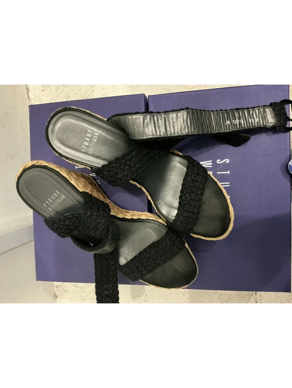 Stuart Weitzman Black Braided Espadrille Wedge Sandals